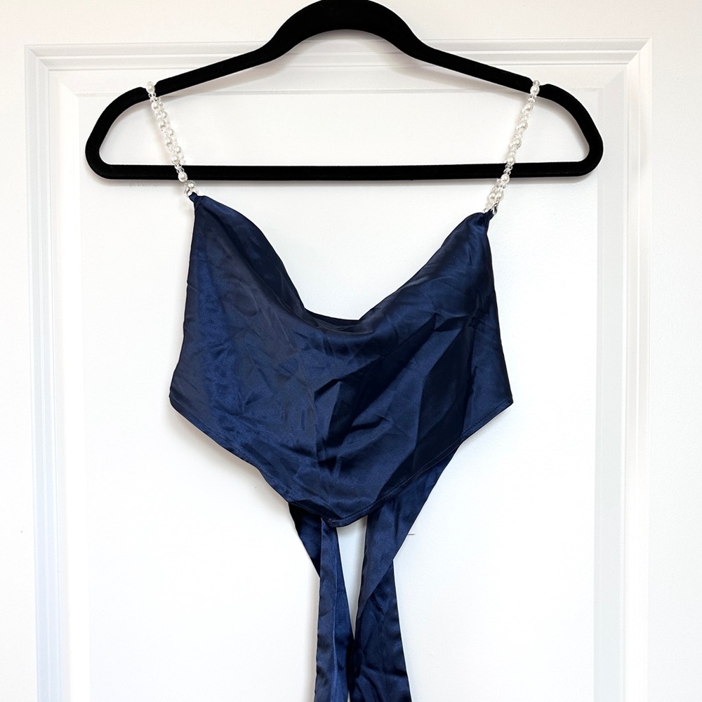 NWT Cider Satin Pearls Cowl Neck Crop Top Blue Size Small New with Tags